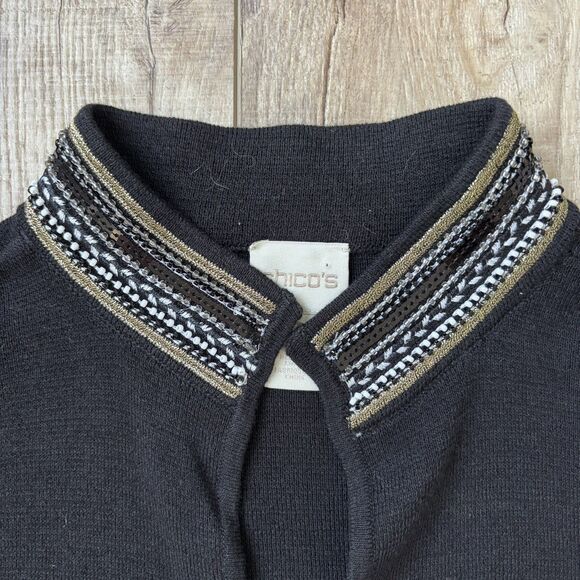 Chicos Women Black Open Front Beaded Cardigan Size 1 Mature Glam Christmas Party - Picture 4 of 15